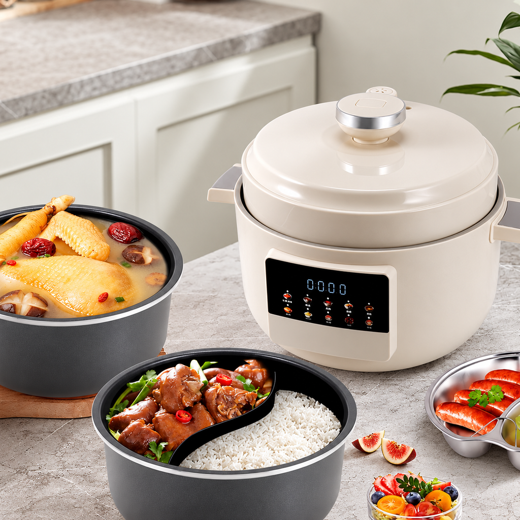 أبيض 4 لتر P07 - وعاء Yuanyang + وعاء قياسي + صينية بخار (4L White P07 Yuanyang + Standard Pot + Steaming Plate)