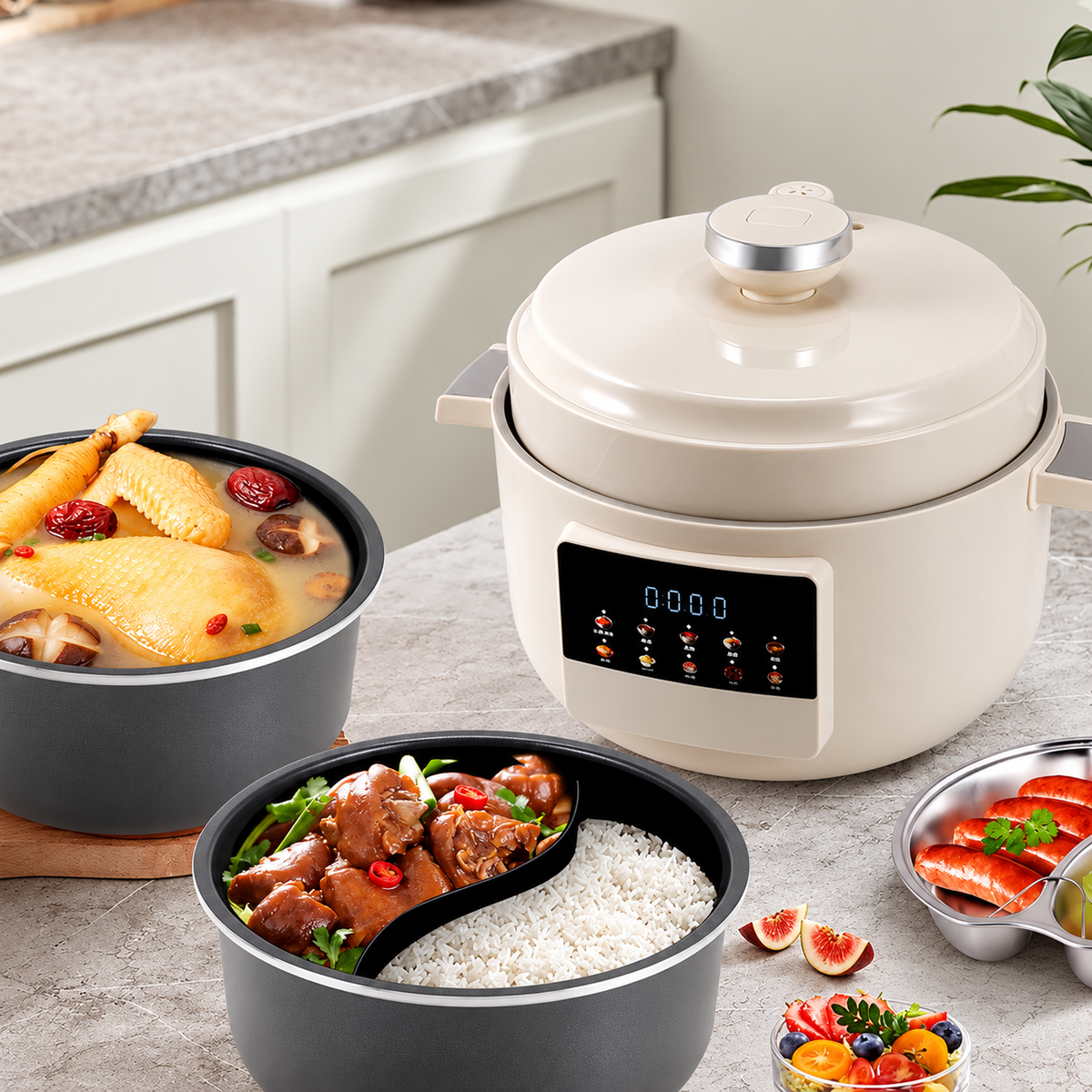 أبيض 4 لتر P07 - وعاء Yuanyang + وعاء قياسي + صينية بخار (4L White P07 Yuanyang + Standard Pot + Steaming Plate)