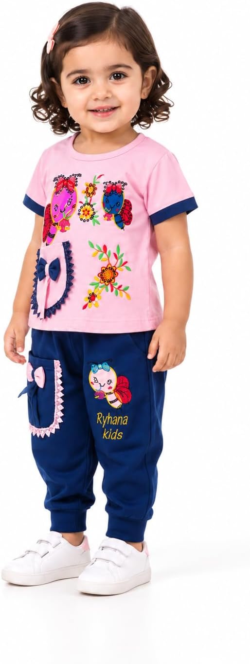 طقم بناتي وردي وكحلي بطبعات مرحة