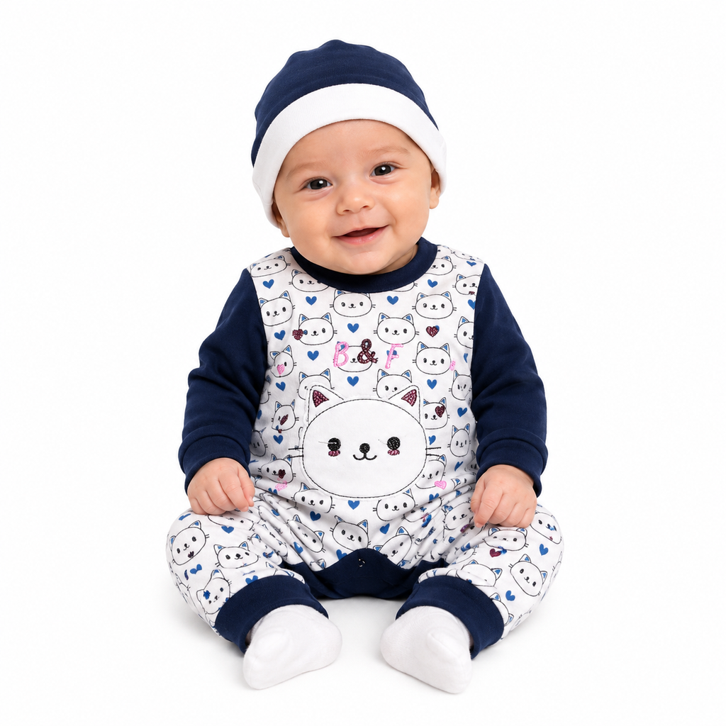 سالوبيت رضيع كحلي وأبيض بنقشة قطط مع قبعة – صورة 1