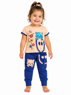 طقم بناتي بطبعة قطة بألوان وردية أو كحلية – صورة 1