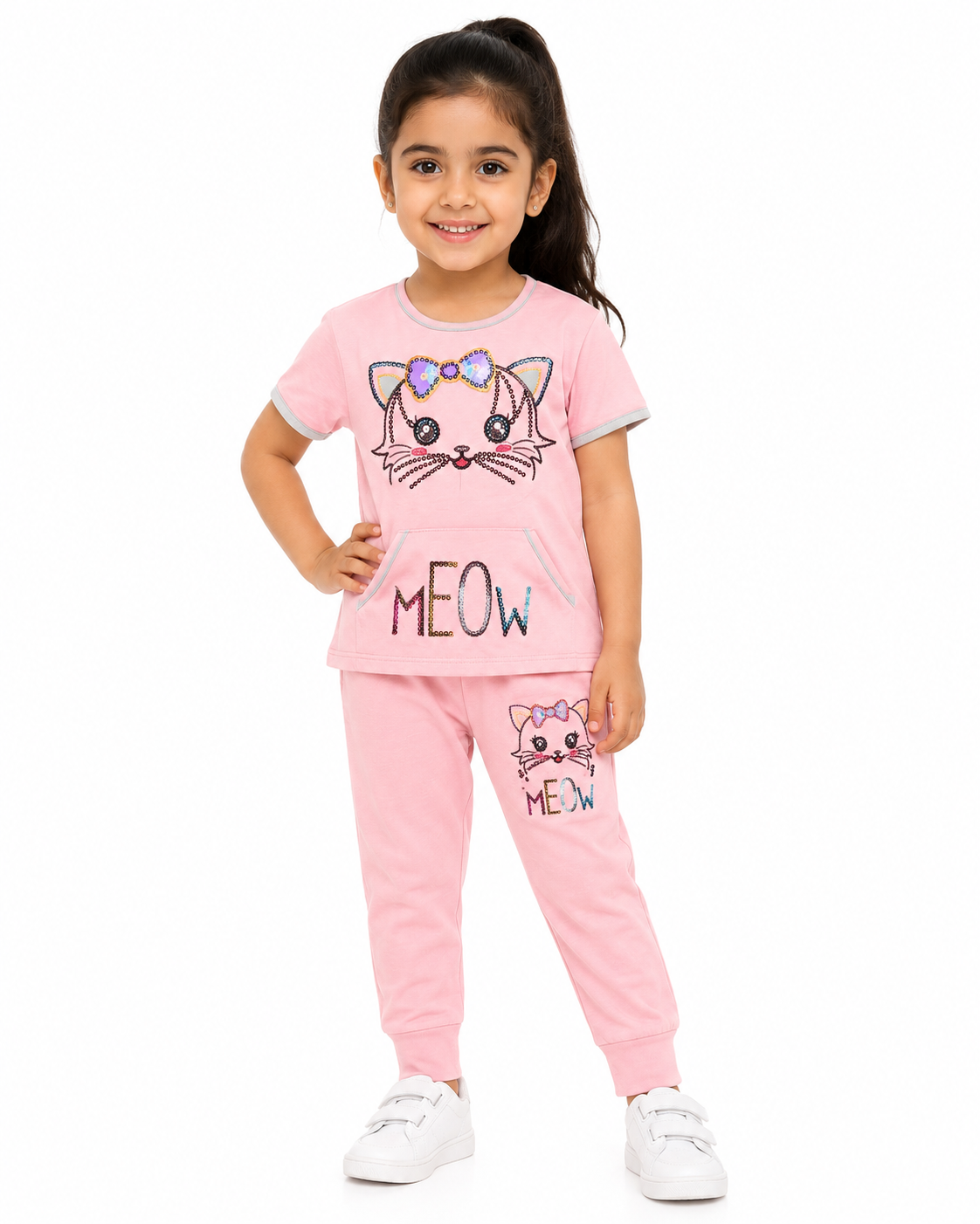 طقم بناتي وردي بطبعة قطة – صورة 6