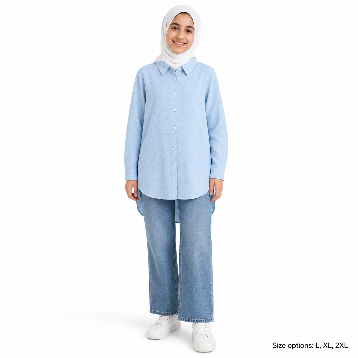 قميص نسائي أزرق فاتح طويل من الخلف – صورة 2