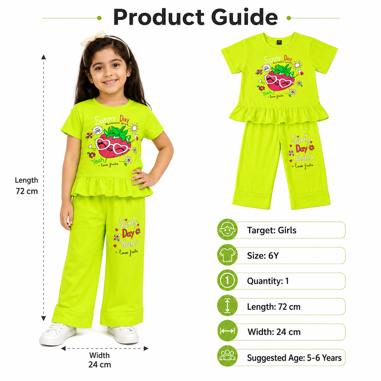 طقم بناتي أخضر ليموني بطبعة صيفية – صورة 2