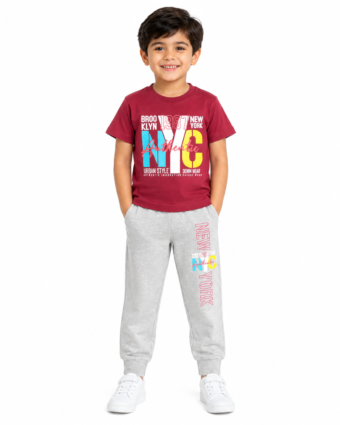 طقم أولادي عنابي ورمادي بطبعة عصرية – صورة 1