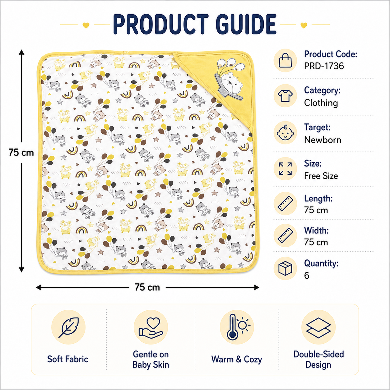 لفة رضيع بغطاء رأس بنقشة مرحة وحواف صفراء – صورة 4