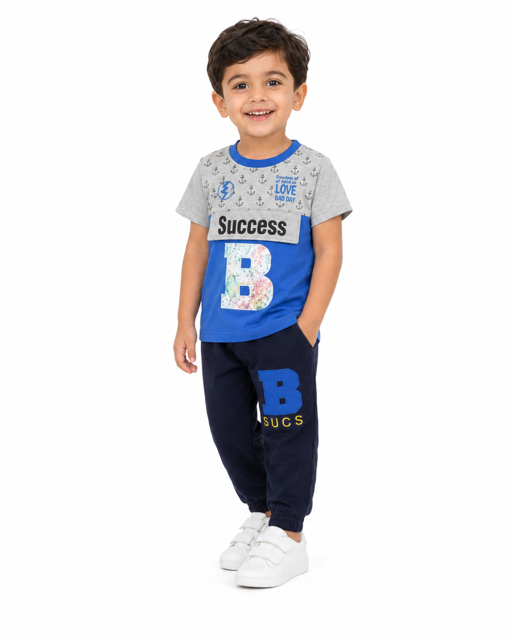 طقم أولادي أزرق ورمادي بطبعة Success – صورة 4
