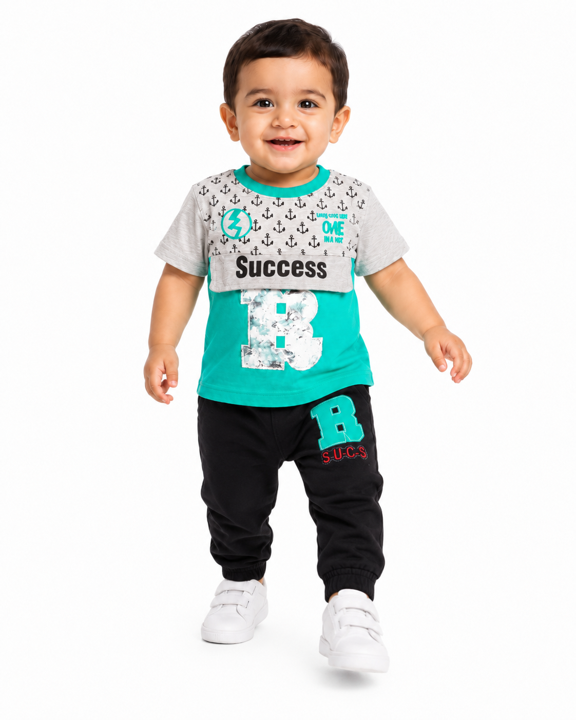 طقم أولادي أخضر نعناعي وأسود بطبعة Success – صورة 4
