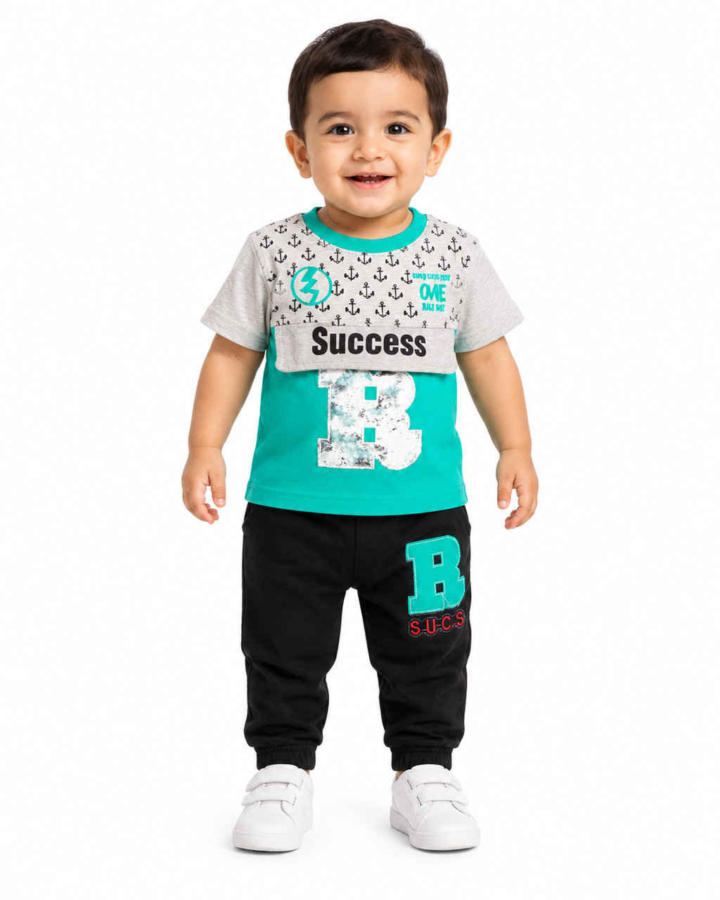 طقم أولادي أخضر نعناعي وأسود بطبعة Success – صورة 1