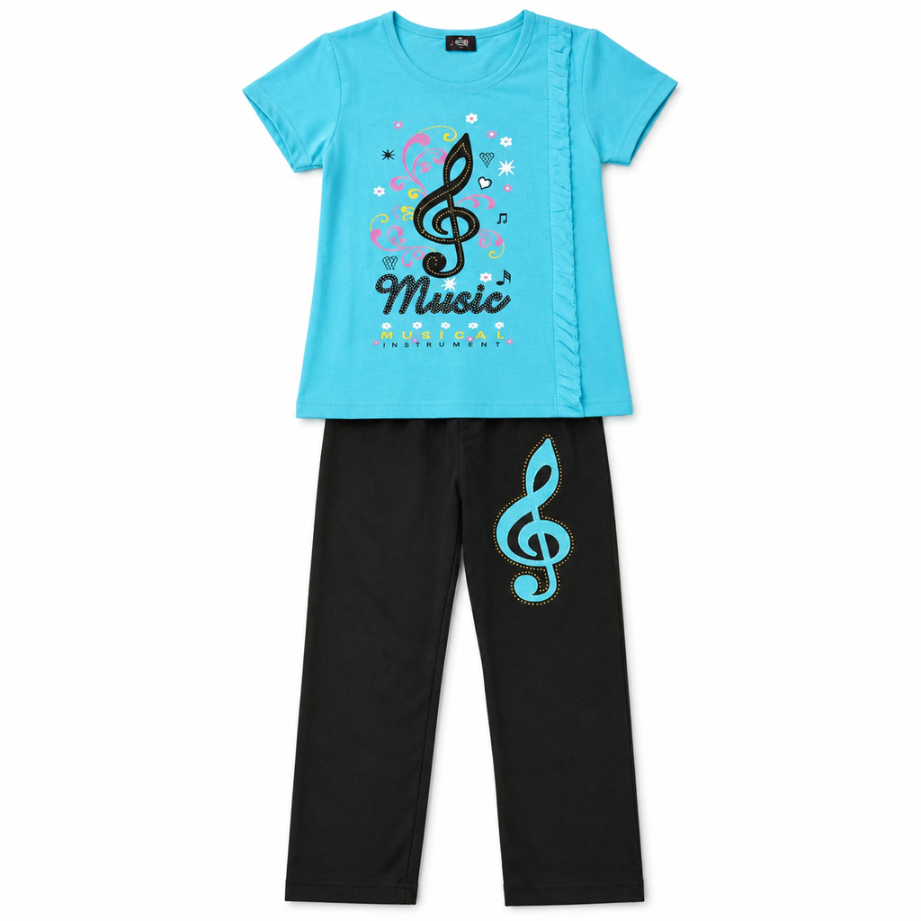 طقم نوم بنات أزرق وأسود بطبعة موسيقية – صورة 2