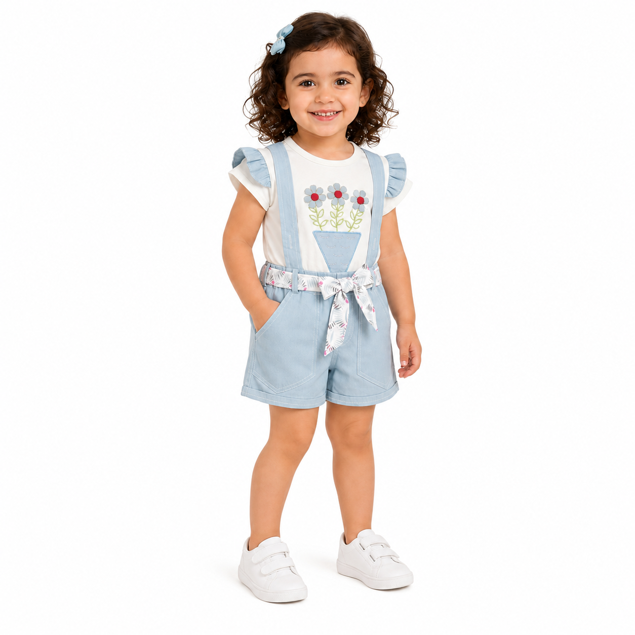 طقم بنات أزرق فاتح وأبيض بشورت وحمالات – صورة 2