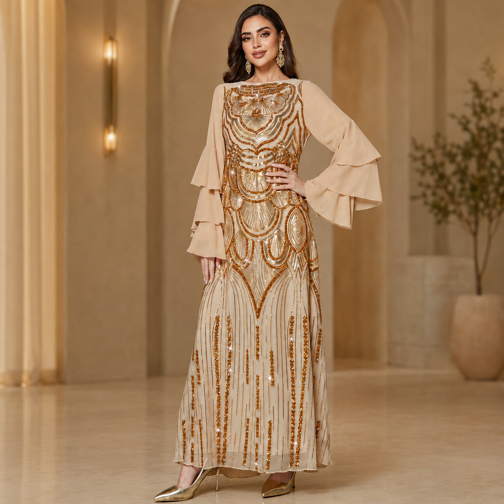 فستان سهرة نسائي ذهبي مزين – صورة 1