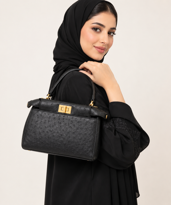 حقيبة يد نسائية فاخرة من جلد النعام الطبيعي بقفل معدني
