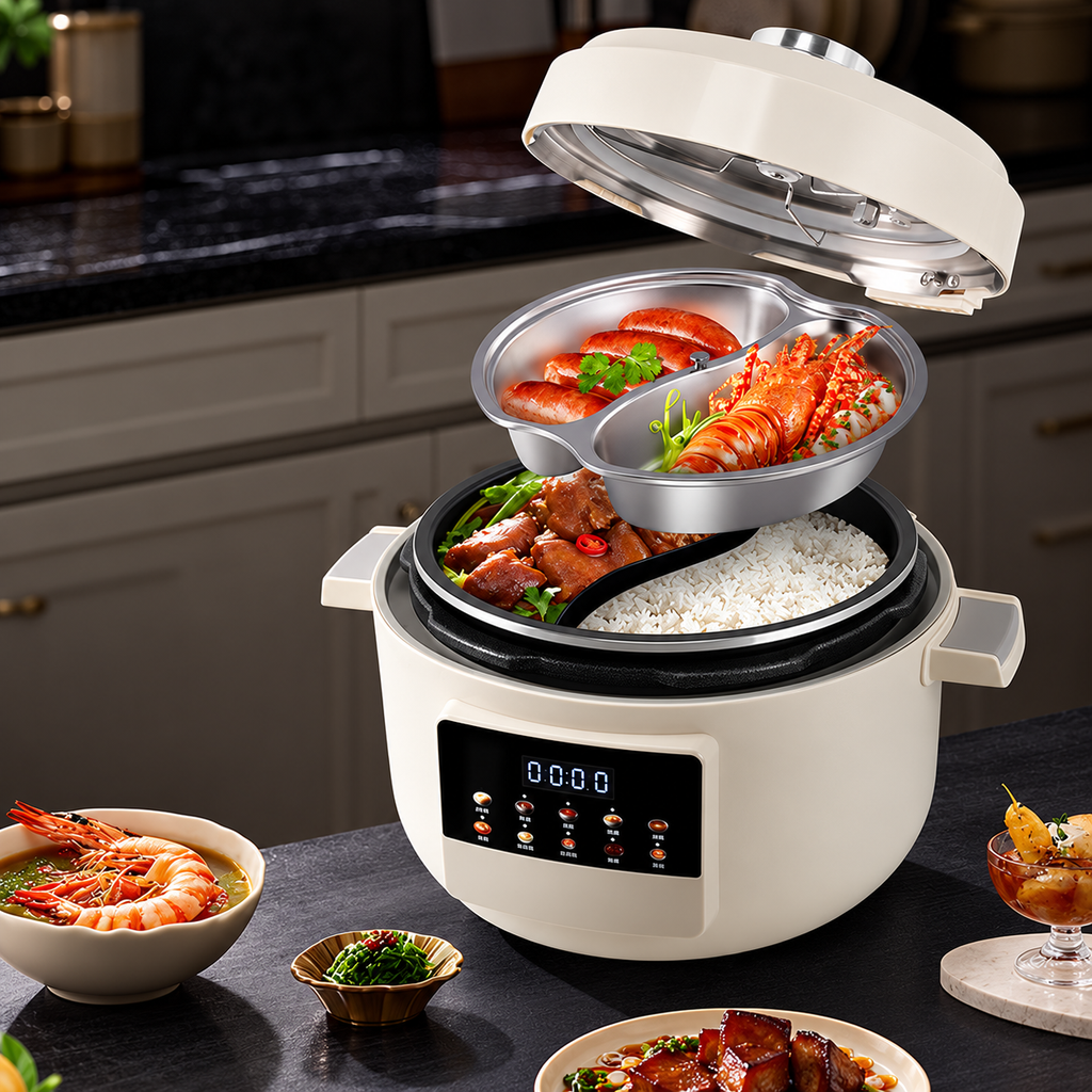 أبيض 4 لتر P07 - وعاء Yuanyang + وعاء قياسي + صينية بخار (4L White P07 Yuanyang + Standard Pot + Steaming Plate)