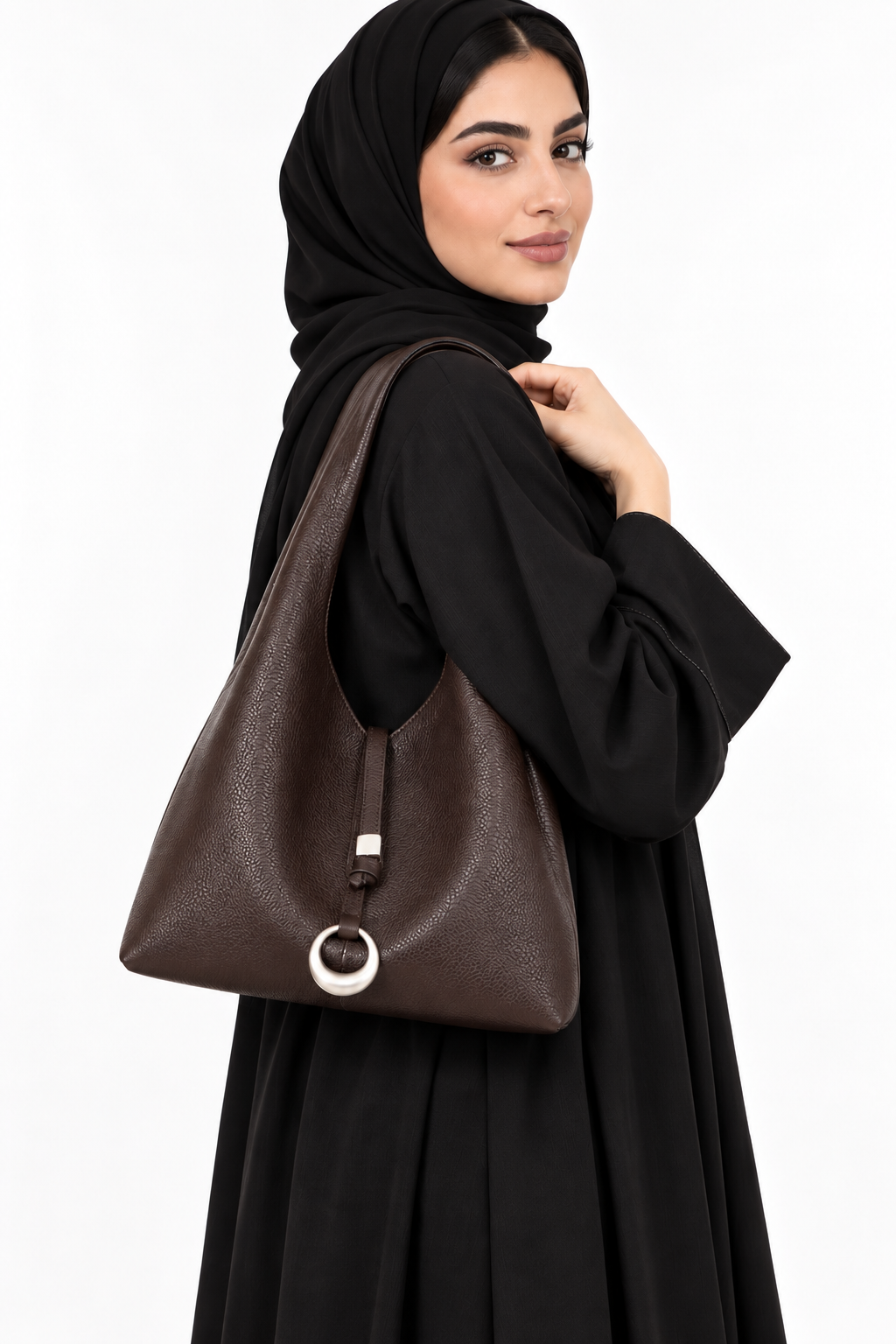 حقيبة نسائية جلد بقري طبيعي بتصميم يد وكتف وكروس بودي