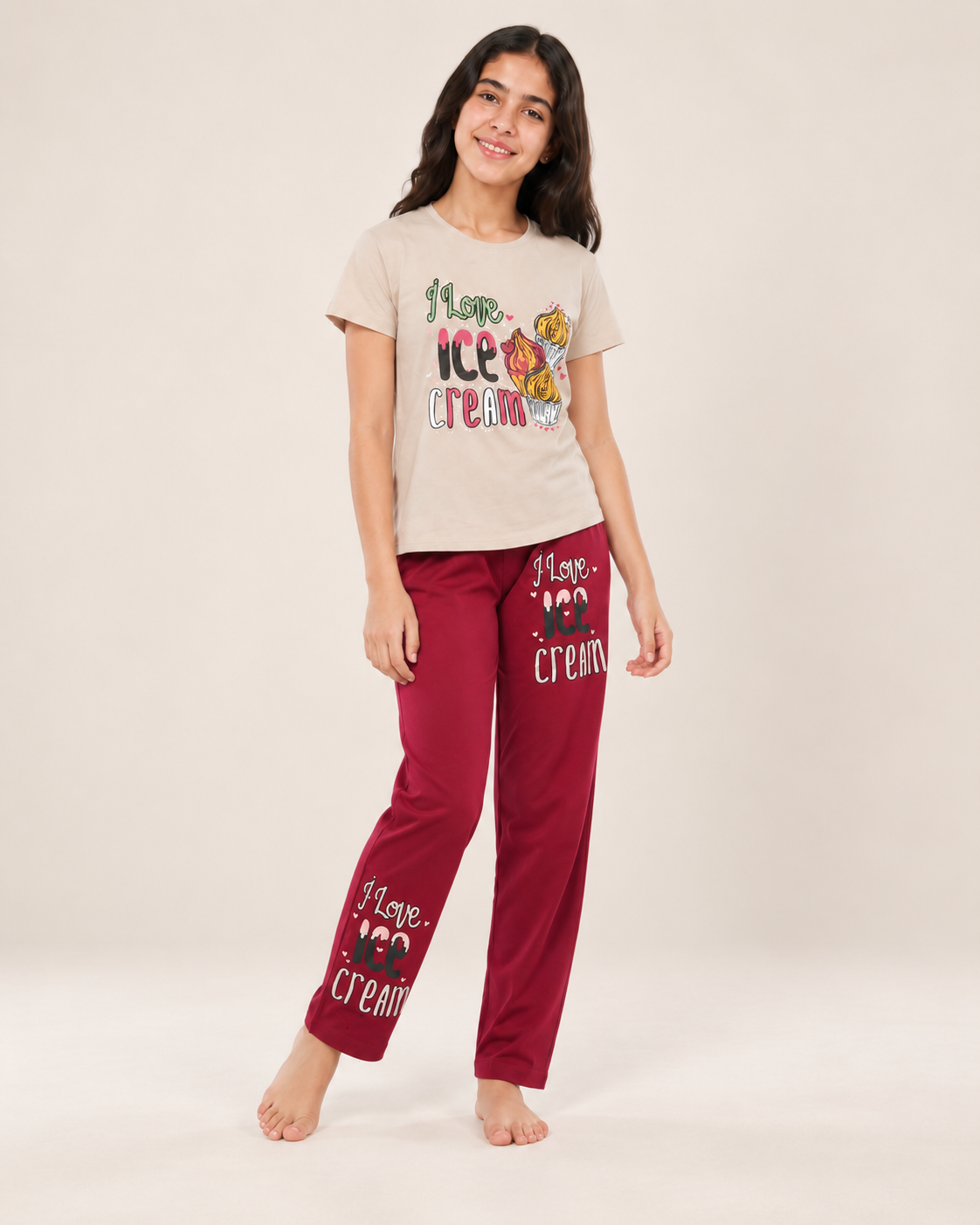 طقم بنات بيج ونبيتي بطبعة آيس كريم