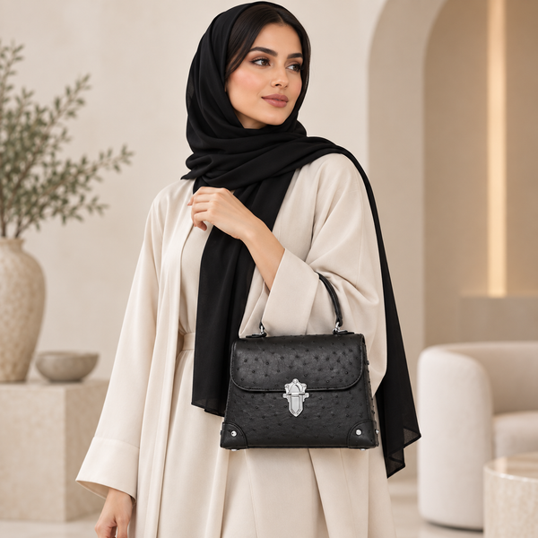 حقيبة نسائية جلد نعام طبيعي بتصميم كلاسيكي وقفل معدني