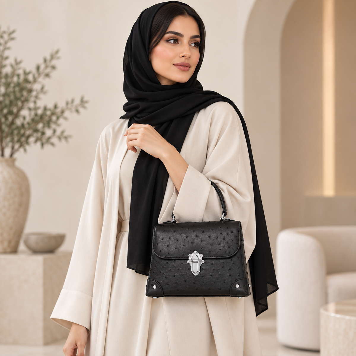 حقيبة نسائية جلد نعام طبيعي بتصميم كلاسيكي وقفل معدني
