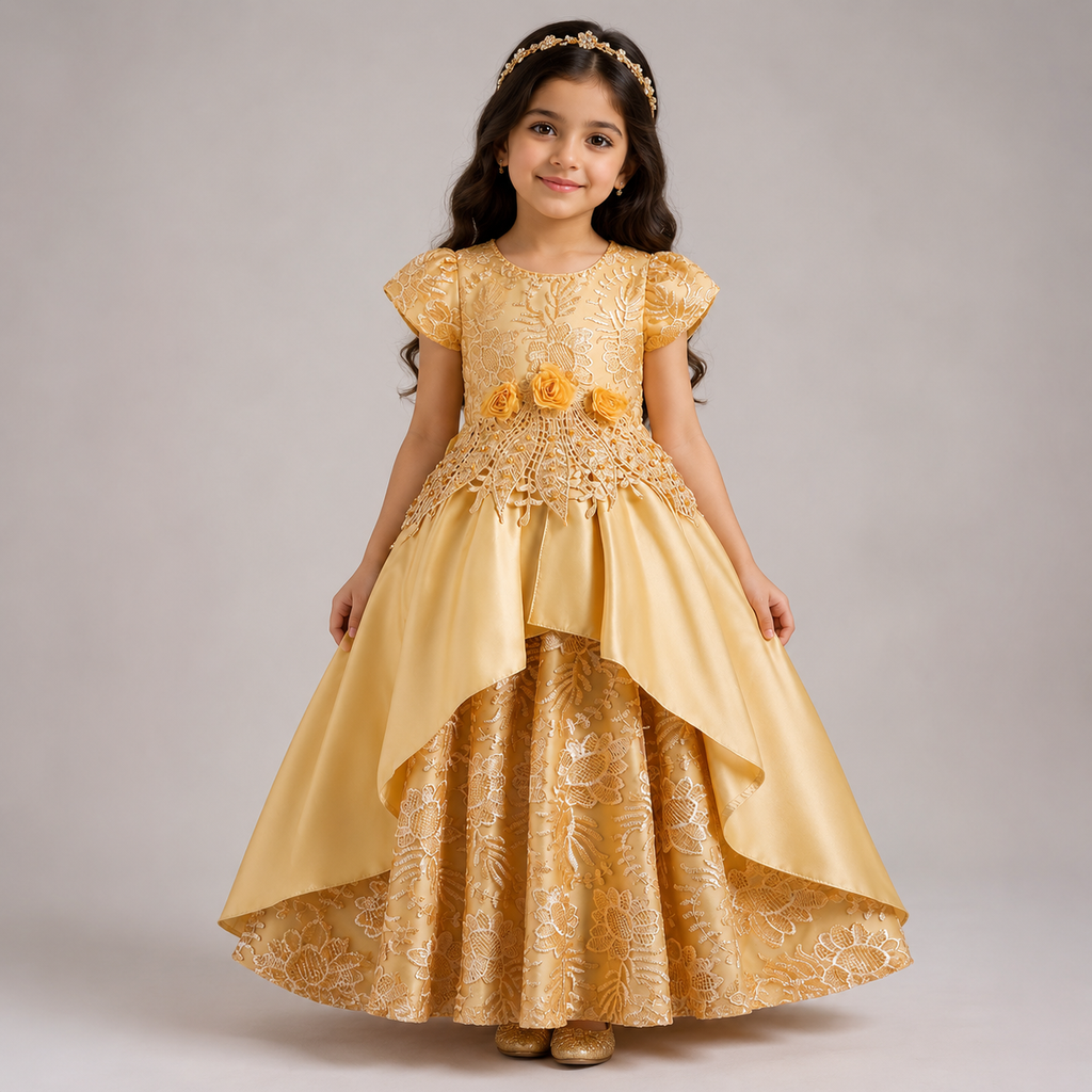 فستان بنات فاخر ساتان مطرز بالورود للمناسبات والحفلات