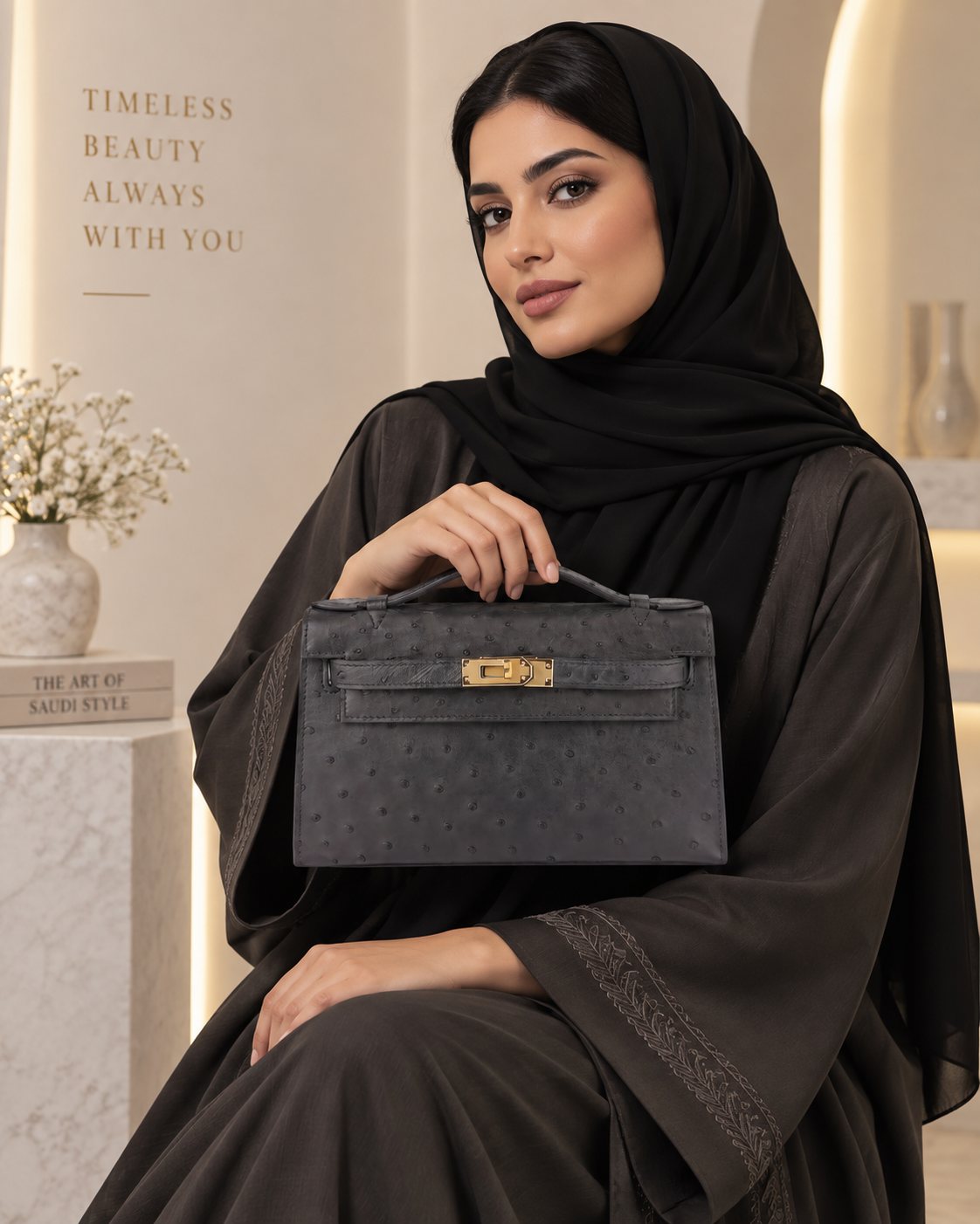 حقيبة نسائية ميني من جلد النعام الطبيعي بقفل معدني