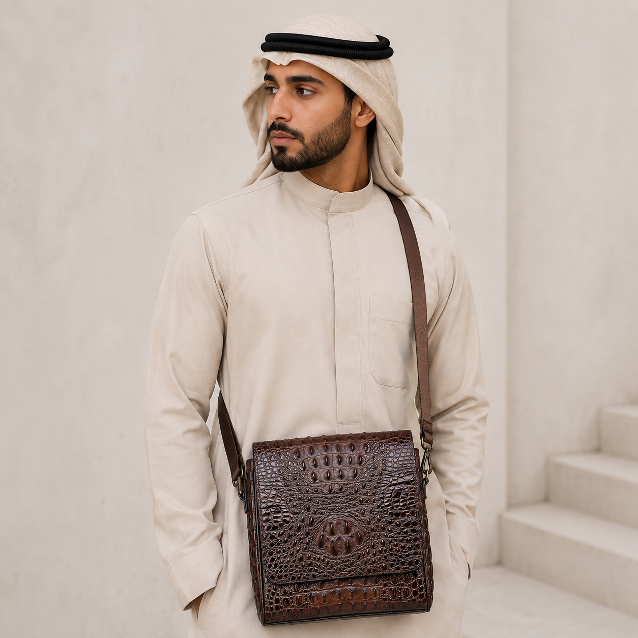 حقيبة كروس رجالي من الجلد الطبيعي بنقشة التمساح وتصميم عملي أنيق