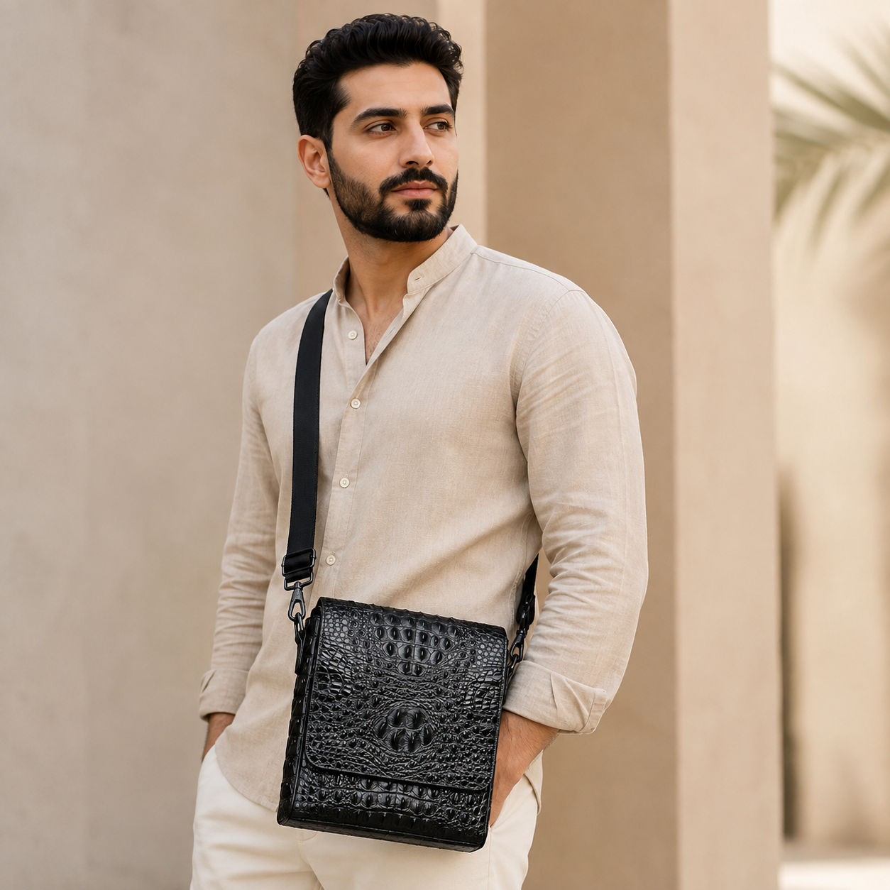 حقيبة كروس رجالي من الجلد الطبيعي بنقشة التمساح وتصميم عملي أنيق