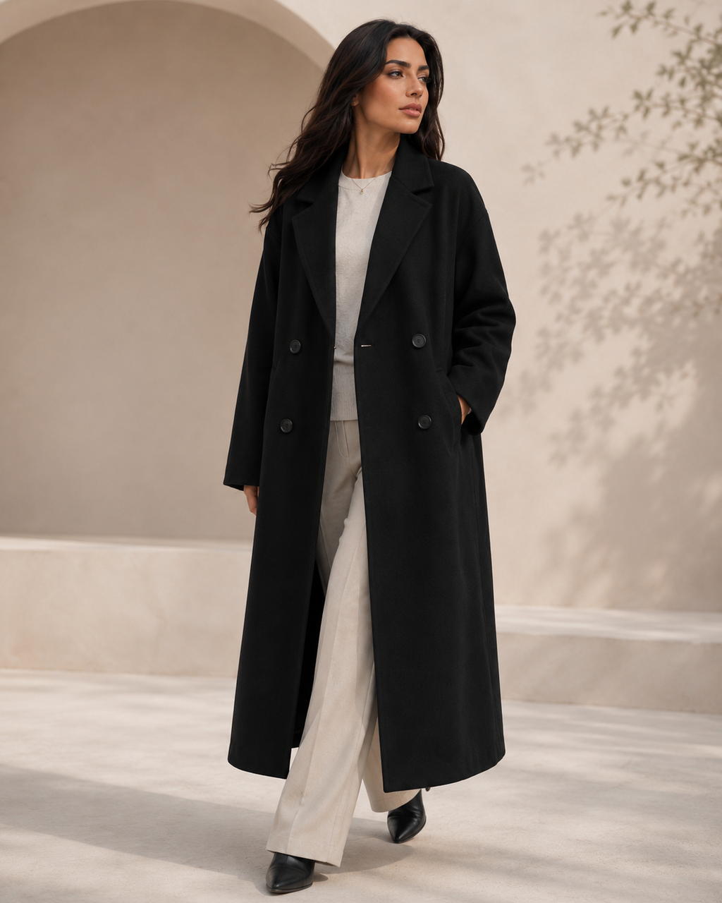 معطف نسائي فاخر من الكشمير الطبيعي بتصميم مزدوج الصدر