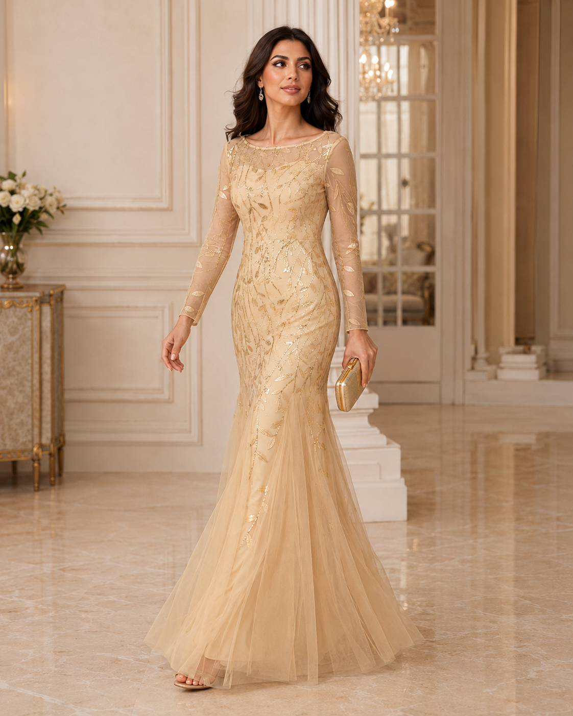 فستان سهرة طويل فاخر بقصة ذيل السمكة — مزين بالتطريز والخرز، أكمام طويلة للمناسبات والحفلات الرسمية