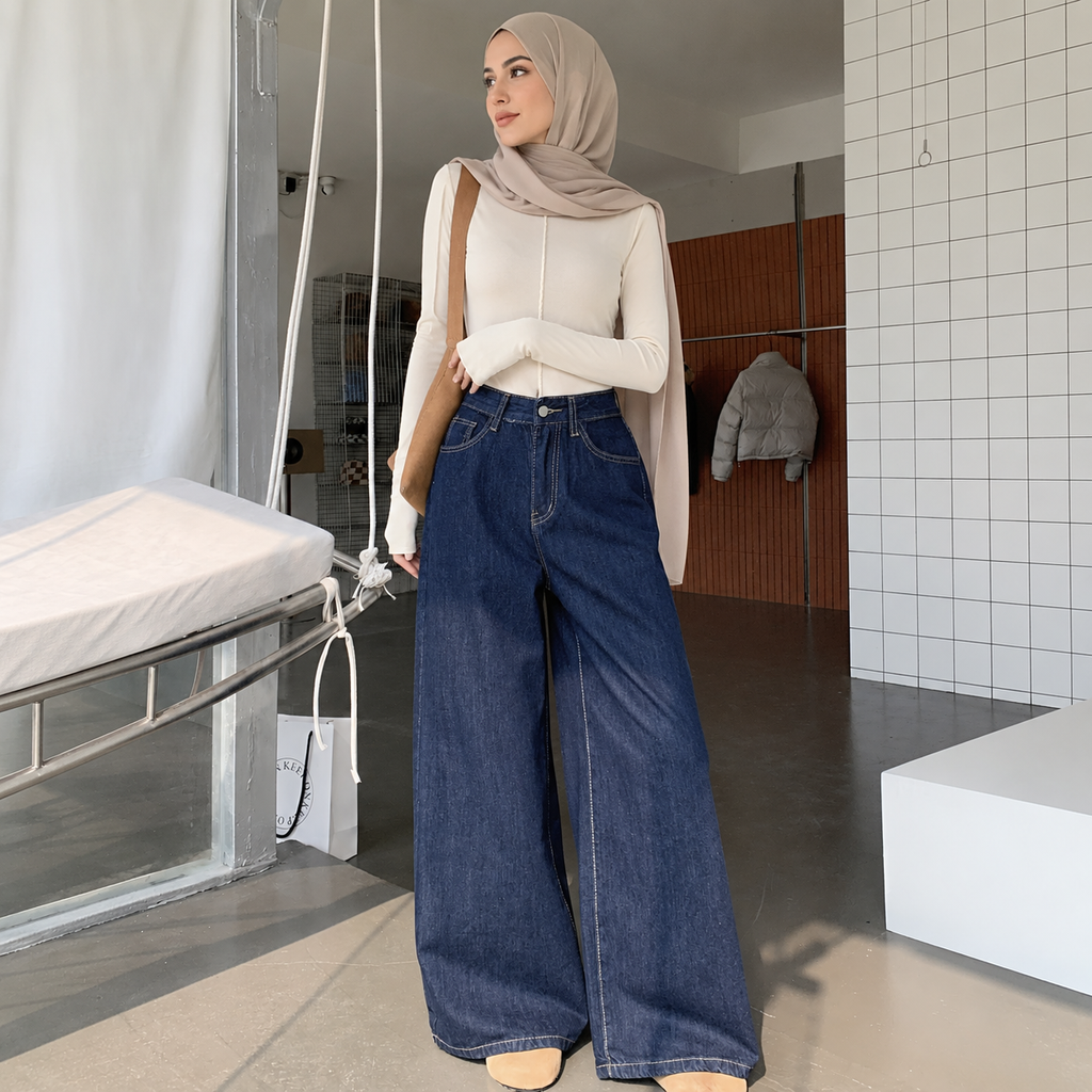 بنطال جينز نسائي واسع بخصر عالي - ستايل أمريكي مريح (5 مقاسات)