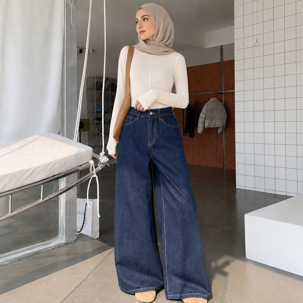 بنطال جينز نسائي واسع بخصر عالي - ستايل أمريكي مريح (5 مقاسات)