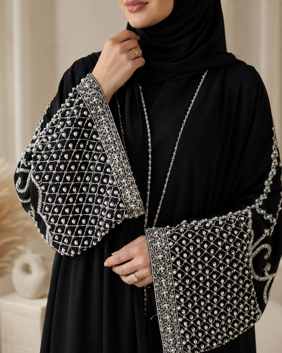 طقم عبايه نسائي فاخر مزين بخرز الأوراق مع وشاح رأس أنيق