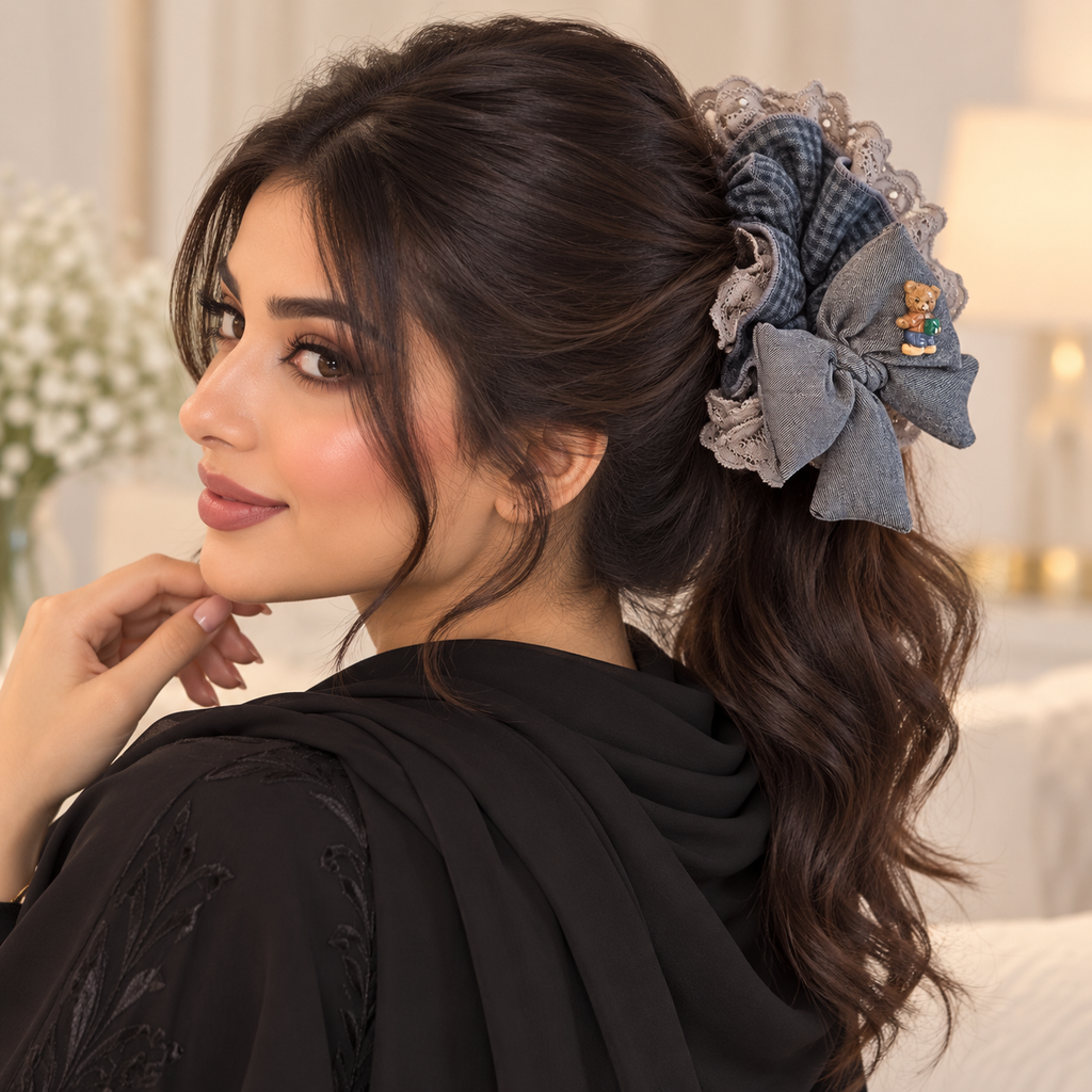 دانتيل رمادي مع دب محشو بالقطن