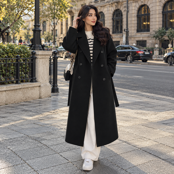 معطف صوفي نسائي فضفاض متوسط الطول بأزرار مزدوجة وتصميم أنيق للدفء في الخريف والشتاء