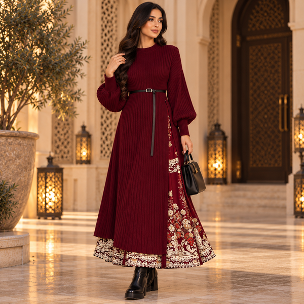 طقم نسائي بقطعتين ، بلوفر محبوك وتنورة متوسطة الطول بتصميم ذيل الحصان