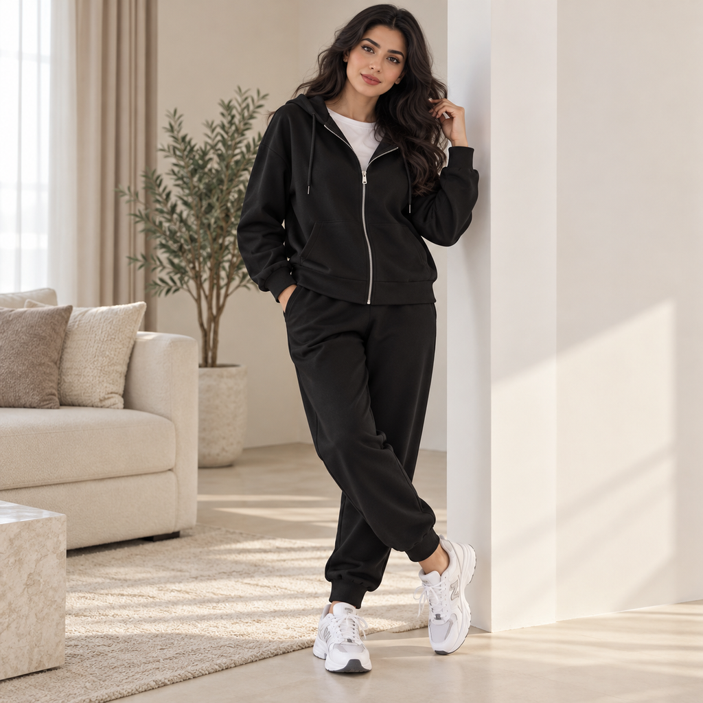توب أسود مع بنطال لولبي أسود