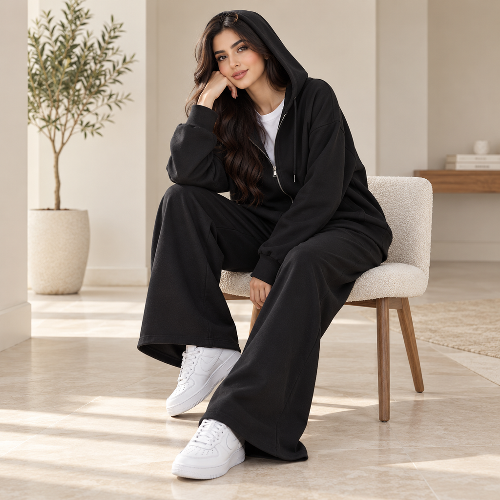 توب أسود مع بنطال مستقيم أسود