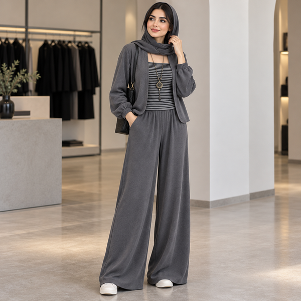 طقم نسائي كاجوال راقي بـ 3 قطع، كارديجان مخطط وبنطال واسع