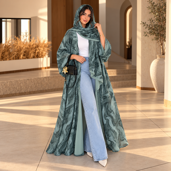 عباية نسيم الزهور الخضراء بتدرجات ناعمة وتصميم انسيابي أنيق