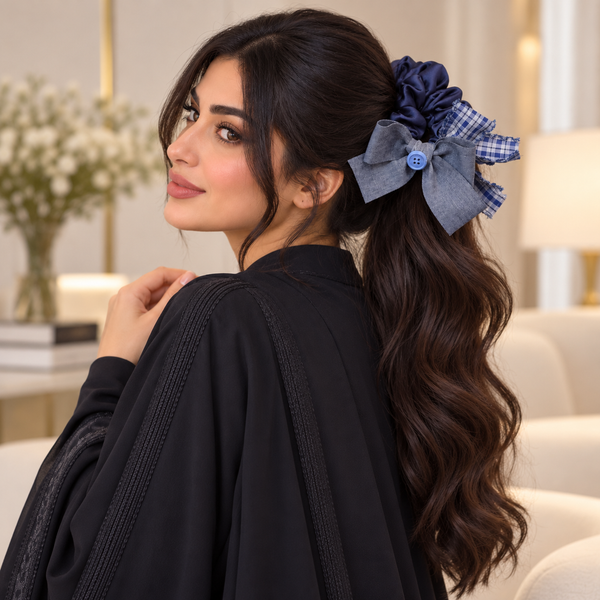 ربطة شعر مرنة بفيونكة زرقاء داكنة وشريط منقوش، إكسسوار شعر أنيق على الطراز الأكاديمي