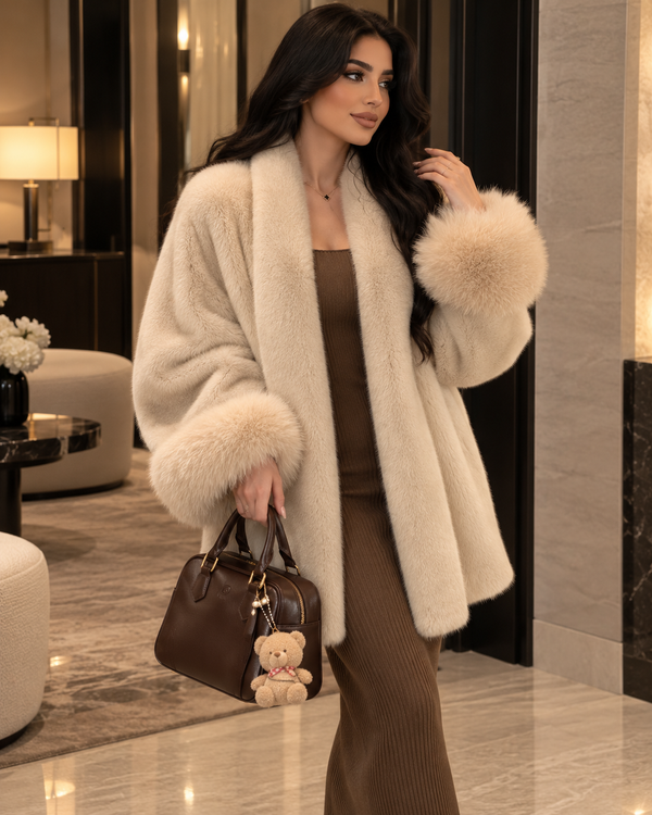 معطف نسائي فضفاض من الفرو وقماش الشمواه، بتصميم أنيق وأكمام أميرة لفصلي الخريف والشتاء
