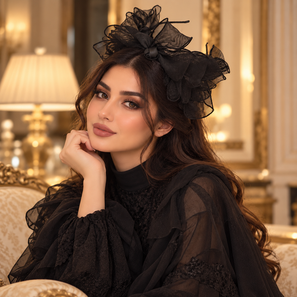طوق شعر شبكي أسود بفيونكة كبيرة بتصميم ريترو فرنسي أنيق