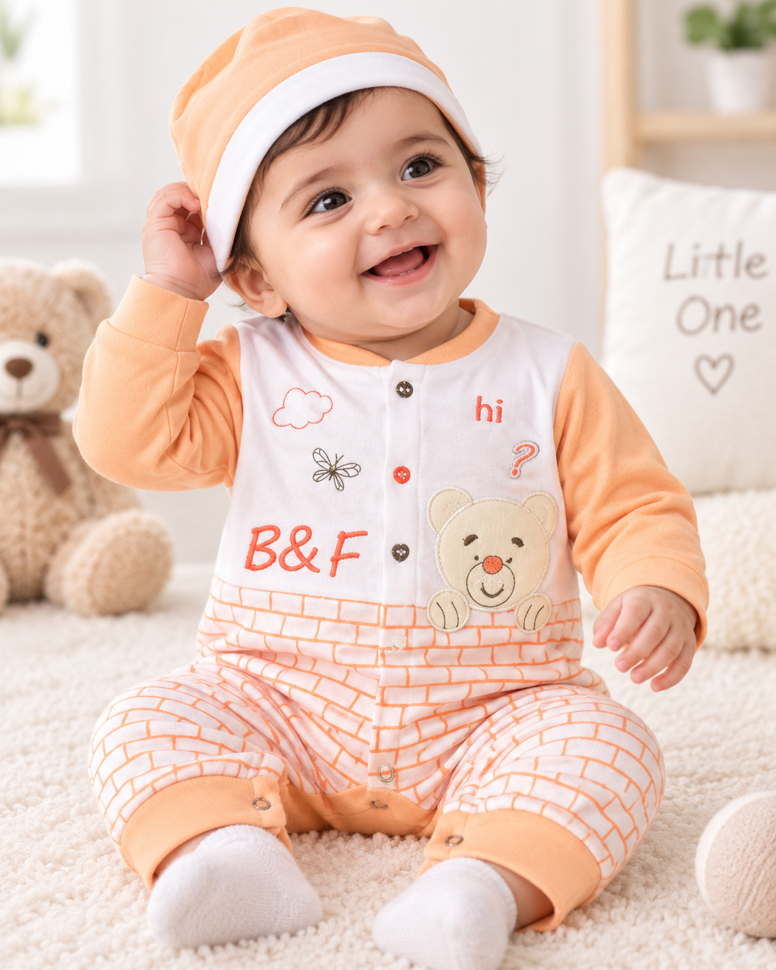 سالوبيت رضيع طقم رومبر مواليد "B&F" بأكمام طويلة مع طاقية