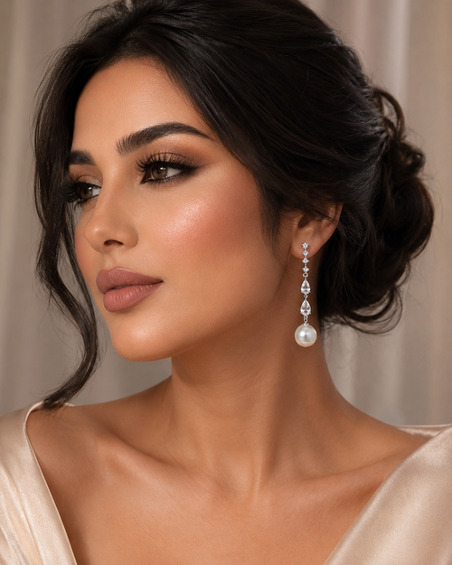أقراط لؤلؤ طويلة فاخرة مرصعة بالزركون – تصميم فرنسي أنيق