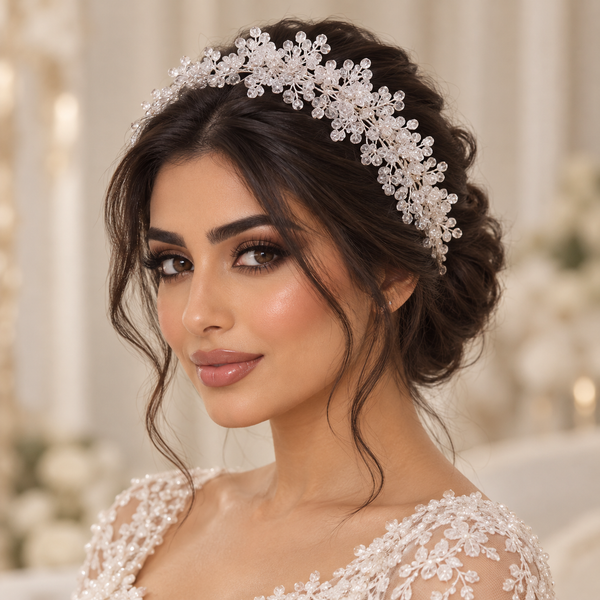 طوق شعر عروس فاخر عريض من الكريستال الأبيض بتصميم زهور