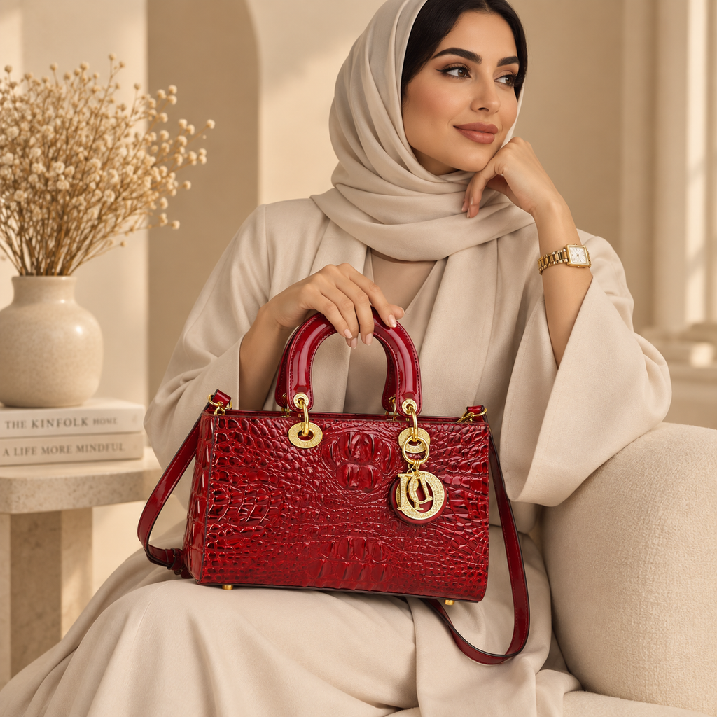 حقيبة كتف نسائية من جلد البقر بنقشة التمساح وتصميم أنيق