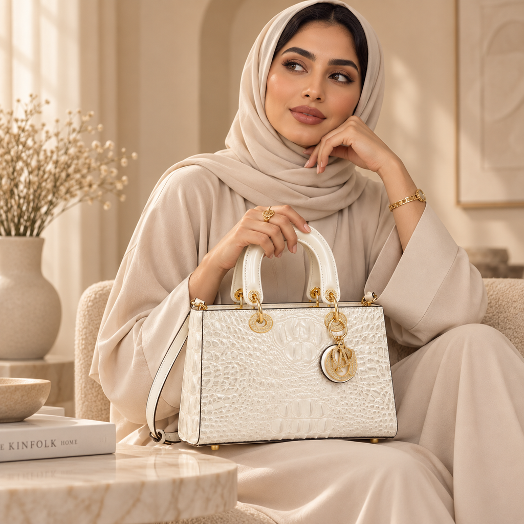 حقيبة كتف نسائية من جلد البقر بنقشة التمساح وتصميم أنيق