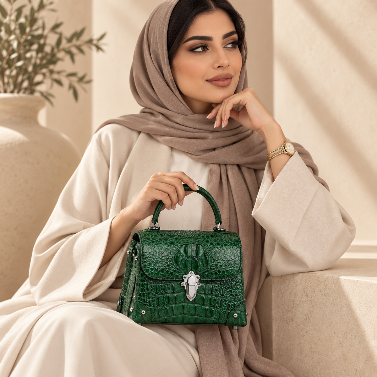 حقيبة كتف نسائية صغيرة من جلد التمساح الطبيعي