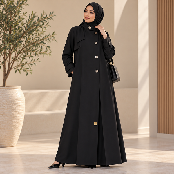 معطف هيبة الظلال الأسود الطويل بياقة قائمة وتصميم كلاسيكي فاخر