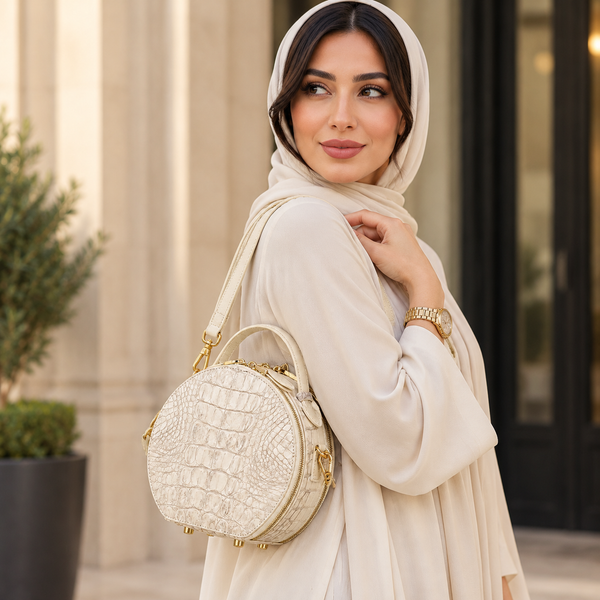 حقيبة كروس نسائية دائرية من جلد التمساح الطبيعي بتصميم فاخر
