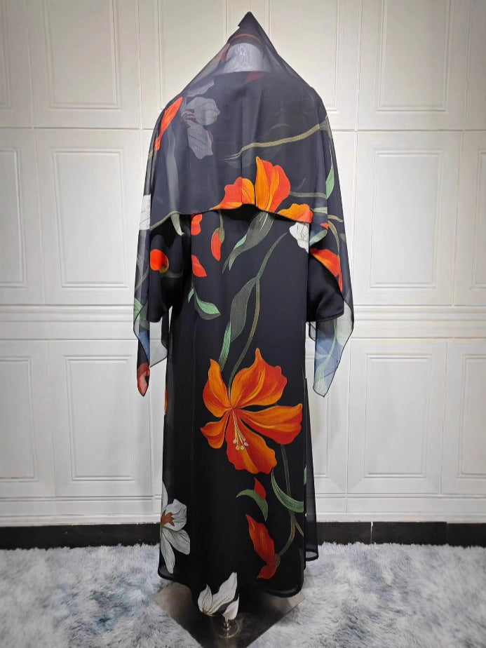 عباية نسائية سوداء مطبوعة بنقشة زهور مع شال
